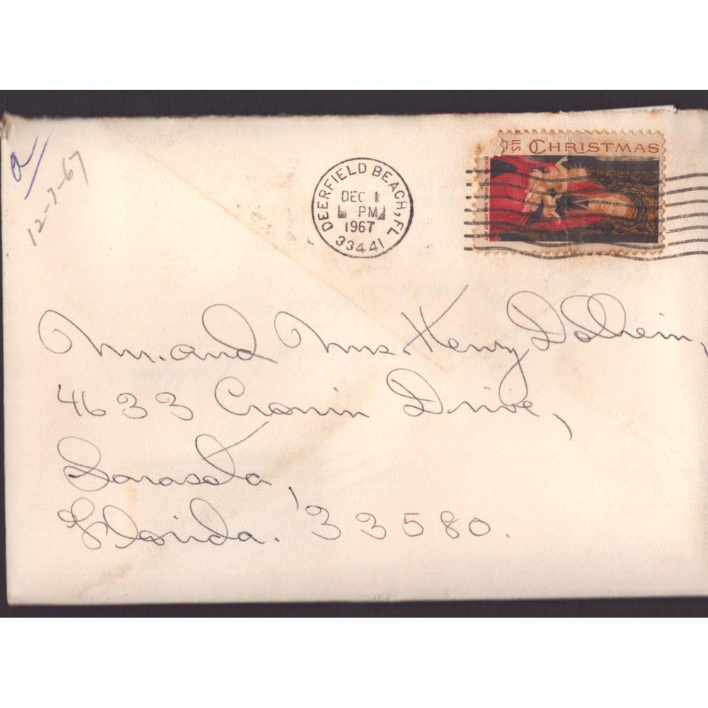 Vintage 1967 Deerfield Beach FL Postmarked Envelope 5c Christmas Stamp Madonna - Picture 1 of 2
